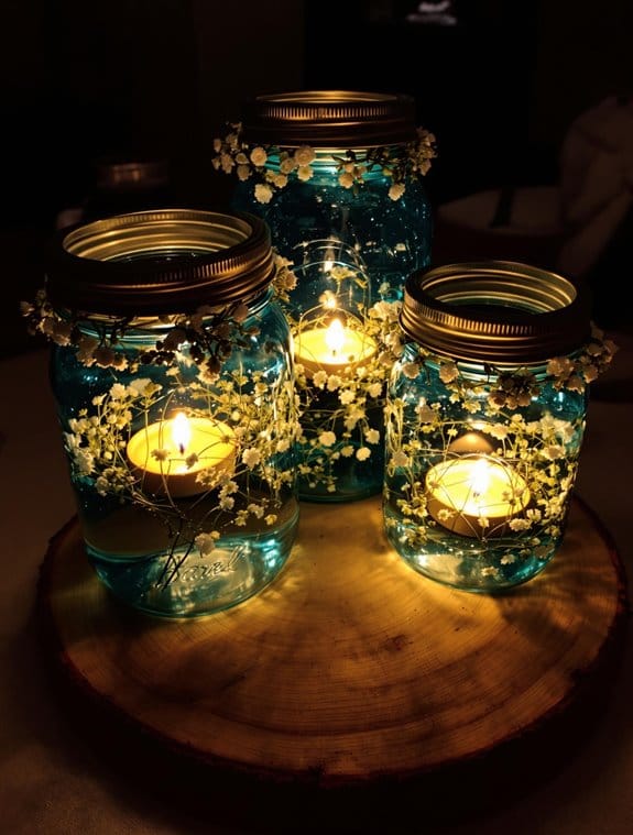 candle lit mason jar displays