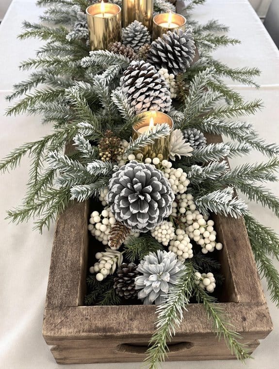 pine centerpieces in troughs